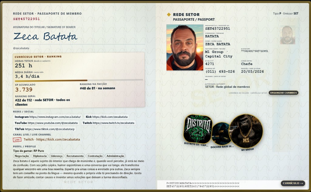 Passaporte SETOR aberto — exemplo Zeca Batata com currículo, perfil e carimbos (demonstração)
