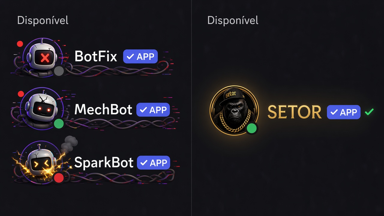 Na lista do Discord, vários bots com problema. Do outro lado, só o SETOR online.